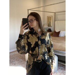 Maurada Vintage Sheer Black Button Down Blouse Size L